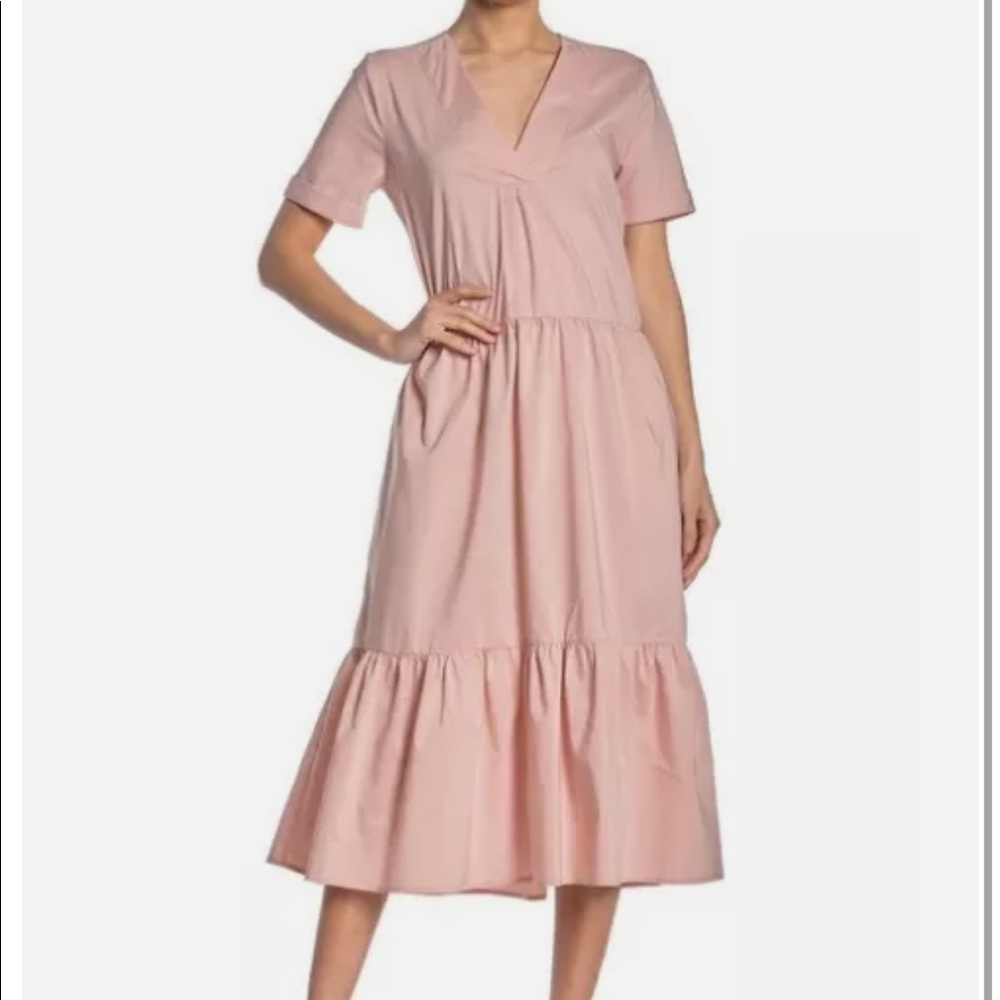 Mello Day A-line Blush Poplin Tiered Midi V-neck short sleeve Dress w/pockets XS